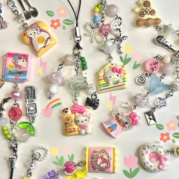 Kawaii Friends Character Phone Charm Keychain | Kitty | Pink, Blue, Yellow, Purple, green | Cute gift, handmade, y2k, 90s, dessert, snack