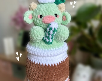 Matcha Latte Coffee Squishy Cow | Super Soft Crochet Cow Plush