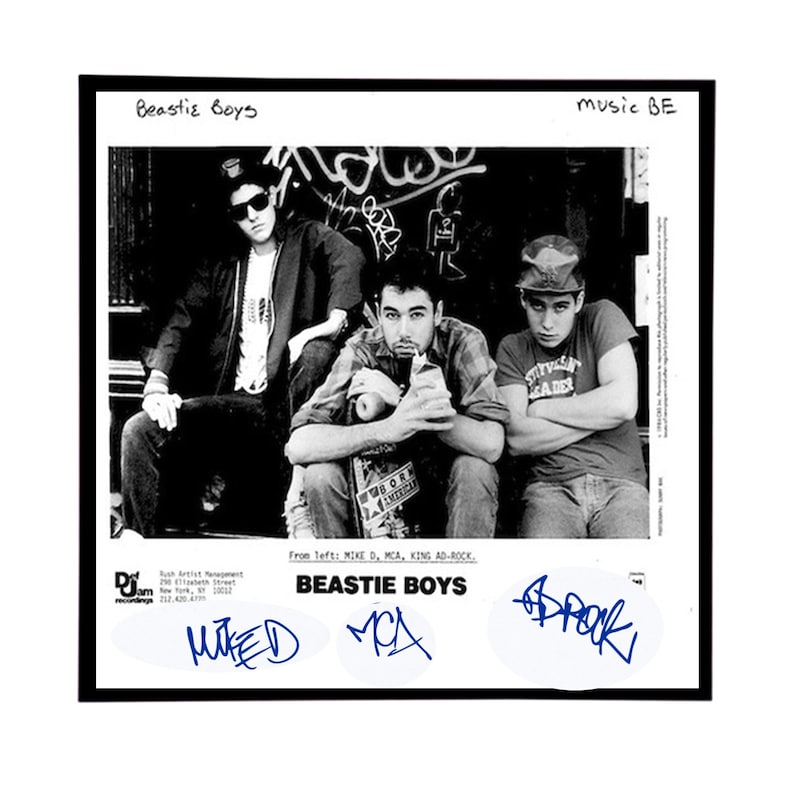 May include: Black and white photo of three men, the Beastie Boys, from left to right: Mike D, MCA, and King Ad-Rock. The photo is from the album "Paul's Boutique".