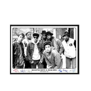 May include: Black and white photo of the Beastie Boys and Run-DMC posing together in Amsterdam in 1987. The photo is signed by all five members of the groups. The text "BEASTIE BOYS & RUN-DMC AMSTERDAM 1987" is printed below the photo.