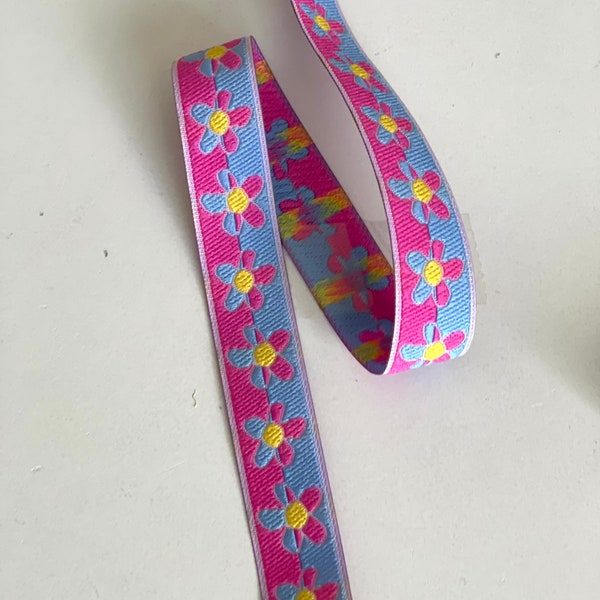 15mm Vintage Retro Flowers Groovy Daisy Floral Design Woven Jacquard Ribbon, Bright Pink, Yellow & Dusty Blue