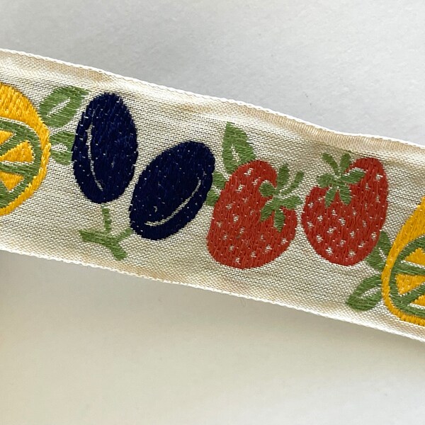 Vintage Linen Fruit, Natural Linen, Lemons, Strawberry, Grapes Picnic Summer, Kitchen Fruit, Fun Tutti Fruity Woven Jacquard Ribbon Trim