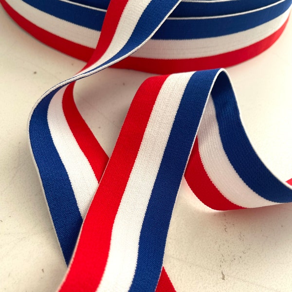 1 1/2" Stretch Red,White,Blue USA American Stripes, Flag Reversible Knit Elastic Stripe, Patriotic Stripe Stretch Belting, Designer Hat Band