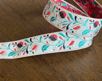 Vintage Sweet Woven Multi Brite Floral Embroidered Jacquard Ribbon TrimTurquoise Antique White  Floral Design *Limited Qty*