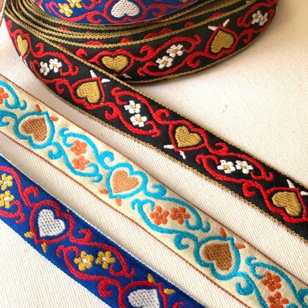 1" Vintage Hearts, Floral & Hearts, Novelty Floral Woven Jacquard  Fun Cotton Woven Jacquard Ribbon Trim