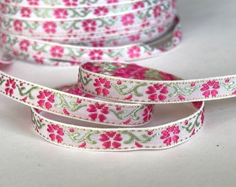 Vintage Sweet White Hot Pink/Pastel Green Dainty Woven Floral Embroidered Jacquard Ribbon Floral Embroidered Multi Floral Trim