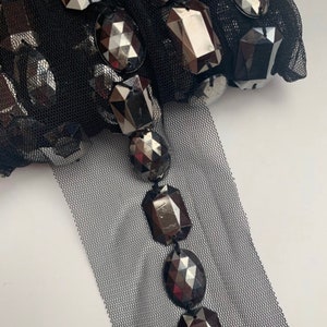 3" Studded Geometric Square& Oval Gunmetal Studs on Black Mesh Lace,  Edgy Studded Trim  Novelty 3" Wide Mesh