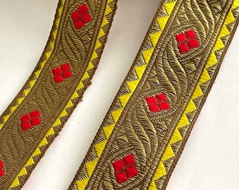 Antique Gold Metallic Geometric Abstract Ethnic Boho Brite Yellow/Hot Red Diamond Center Vintage Woven Jacquard Ribbon Trim Strap Belting