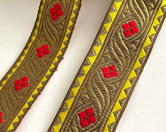 Antique Gold Metallic Geometric Abstract Ethnic Boho Brite Yellow/Hot Red Diamond Center Vintage Woven Jacquard Ribbon Trim Strap Belting