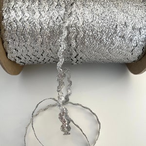 3 YARDS Vintage SILVER Sparkly Metallic Passementerie Fancy Ric Rac Metallic Trim Braid, Holiday Novelty Trim, Zig Zag Metallic Ribbon