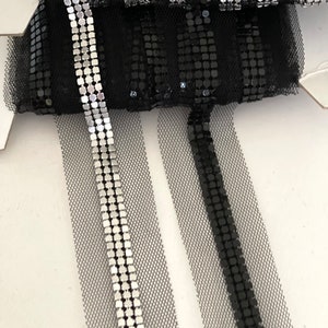 Studded 3 Row Pave Square Studs on Black Mesh Lace, Silver, Black Pave Chain  Trim, Edgy Studded Trim  Novelty 3 Row Metal Studs,