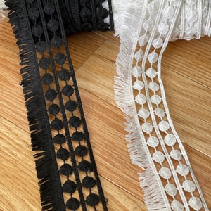 1 3/4" Lace Fringe, Geometric Fringe Venise Cut Out Dots Knit, Illusion Fringe, Geometric Venise Lace Black, White