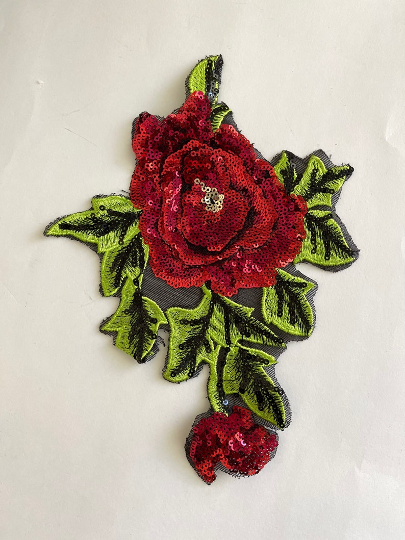 Jumbo Red Sequin Rose, Sequin Round Disc Floral Embroidered Patch, Red ...