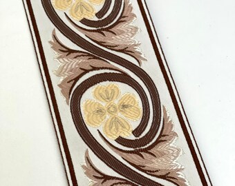 3 1/2" Embroidered Floral Ivory, Brown, Soft Yellow Gold, BEAUTIFUL Color & Quality Embroidery Wide Woven Jacquard Ribbon Tape,