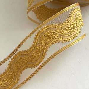 Vintage Embossed Brocade Gold Floral Woven Sheer Jacquard Ribbon , Victorian Ribbon, Antique Gold, Bridal Lace, Bridal Ribbon