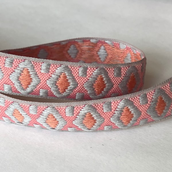 Vintage Cotton Geometric Abstract Ethnic Bohemian Woven Jacquard Ribbon Trim Pink/Salmon/Lilac Mist Multi Straps Belting West Germany