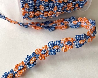 Vintage French Rococo Soft Orange/Blue Gingham Passementrie Chain Ribbon Trim Knit Novelty Soft Trim, Soft Knit French Ribbon Trim,