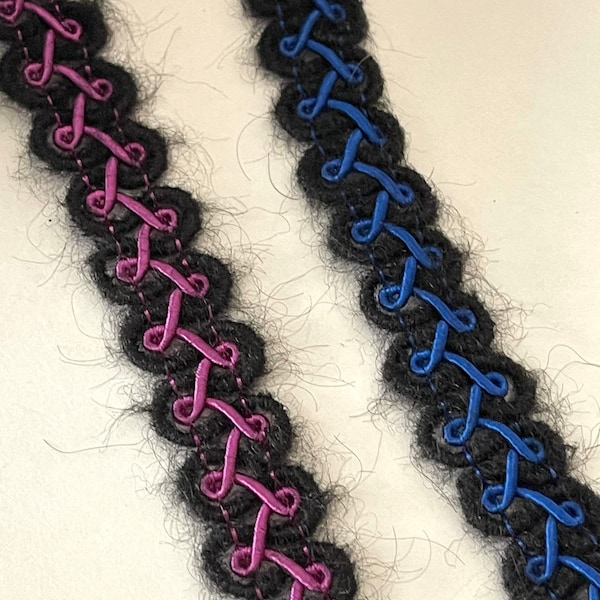 VINTAGE French Soft Novelty Scroll Knit Trim, Black/Blue Black/Purple Braid Soft Ribbon Trim Novelty Belts, Straps, Home Dec