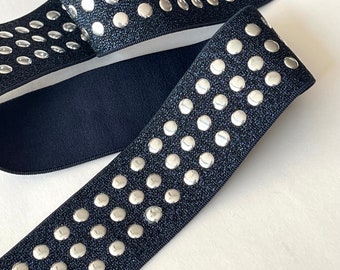 Stretch Metallic Navy 3 Row Silver Studded Elastic Band Edgy Chic Studded Stretch Trim, Belting, Straps,Hat Bands Stretch