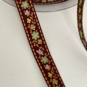 15mm Vintage Sweet Rustic Saddle Stitch Edge Brown Woven Jacquard Ribbon , Floral  Embroidered Jacquard Ribbon Trim Brown Multi