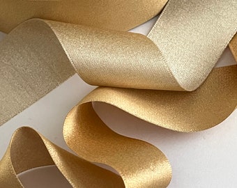 40mm Satin Gold Shimmer Champagne Shimmer Reversible Woven Novelty Bridal Sash Holiday Ribbon, High Quality Made in Europe