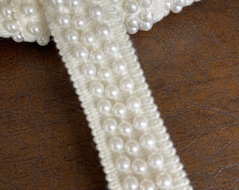 1" Ivory Pearl 3 Row Pearl Knit Trim, Bridal Trim, Belting, Embellishment, Pearly Beads, Bridal Embellished Heavy Knit Trim,