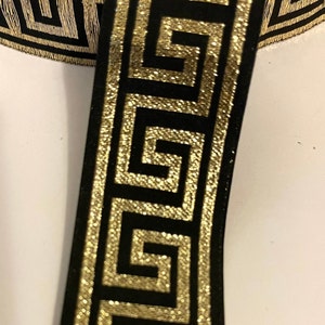 1 3/8&quot; Greek Key, Gold Metallic Gold/Black Woven Jacquard Ribbon, Hat Trim, Belting, Straps, Abstract, Woven Jacquard Ribbon
