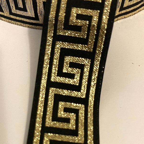 1 3/8" Greek Key, Gold Metallic Gold/Black Woven Jacquard Ribbon, Hat Trim, Belting, Straps, Abstract, Woven Jacquard Ribbon