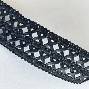 1 1/4" Black Pleather Lacing Edge Trim, Criss Cross Cut Out Illusion Lattice, Black on Black Edgy Belting,