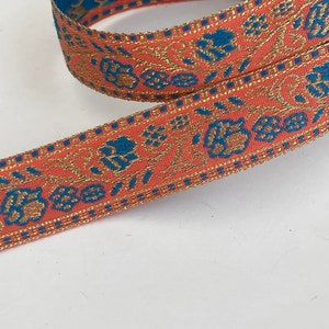 3/4&quot; Vintage Soft Antique Gold Metallic Floral  Persimmon /Island Blue Woven Jacuqard Ribbon Trim Floral Embroidered Renaissance
