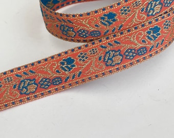 3/4" Vintage Soft Antique Gold Metallic Floral  Persimmon /Island Blue Woven Jacuqard Ribbon Trim Floral Embroidered Renaissance