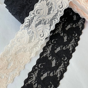 2 1/4&quot; Lace Elastic Stretch Soft Floral Silky Knit Lace, Lingerie Elastic Stretch Knit Lace Ribbon Headband Apparel Lace, Soft Peach, Black