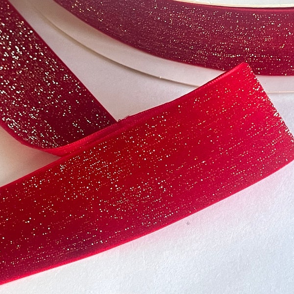 Holiday Gold Sparkle Red Velvet Plush Metallic Gold Velvety Red Plush Velvet Ribbon, Metallic Christmas Red Velvet Golden Ribbon