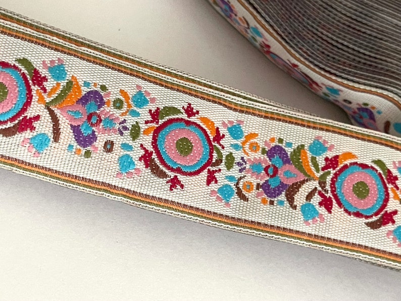 1 3/8 Vintage Tapestry Natural Turquoise Tan Floral Geometric, Abstract, Ethnic Boho Jacquard Ribbon Trim, Straps, Belting, Woven Ribbon image 2