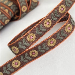 Vintage Sweet Browns, Natural Woven Blooming Floral Embroidered Woven Jacquard Ribbon Trim Natural Tan Brown Multi Jacquard Ribbon