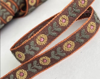 1/2" Vintage Sweet Browns, Natural Woven Blooming Floral Embroidered Woven Jacquard Ribbon Trim Natural Tan Brown Multi Jacquard Ribbon