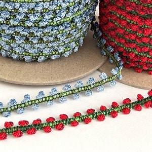3 YARDS-Floral Double Edge RoseBud Classic Chain Vintage Novelty Ribbon,  Passementrie, Doll Trim, Red, CapriBlue,  Dainty Trim