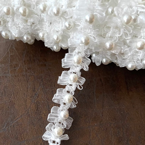 1/2" Snow White Pearls Centered Sheer Organza Woven Looped Ribbon Rocco Knit Pearl Floral Fancy Soft Embellished Passementrie, Bridal Ribbon