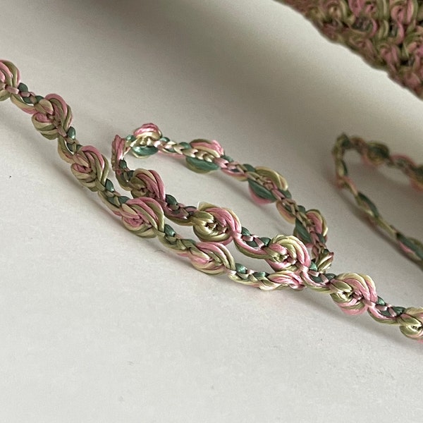 2 YARDS Raw Silk/Rose Ombre Rosebud Chain Satin Rosebuds Vine Floral Passementrie embellishment Vintage Dainty RoseBud Vine  Braid Doll Trim