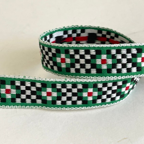 Vintage Cotton Check Geometric, Retro Abstract, Ethnic Bohemian Woven Jacquard Ribbon Trim, Green/Black/White Check  *LIMITED QTY*