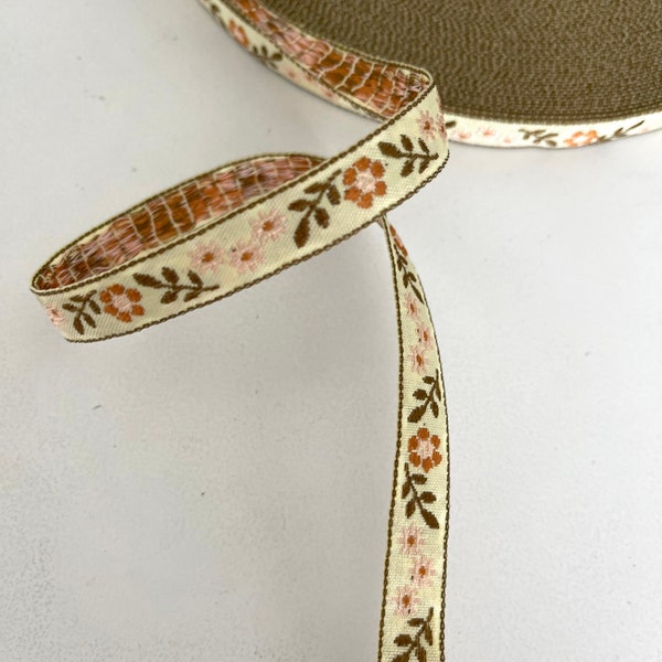 2 YDS , 1/2" Vintage Sweet  Natural Woven Floral  Embroidered Jacquard Ribbon Trim Natural Multi,  Floral Design