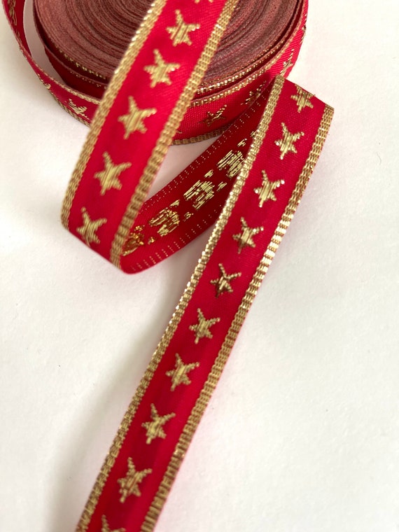 Vintage Woven Metallic Gold, Red Gold Star Metallic Patriotic Stars, Jacquard Star Ribbons USA, Sporty Stars, USA Ribbon, Metallic Stars