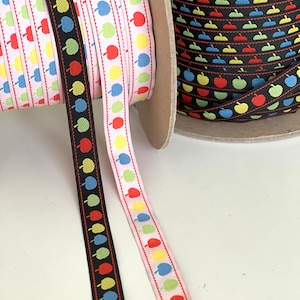 2 Yards Novelty Apples, Fun Apple Picking, Teacher, School Ribbon, Apple of your Eye Vintage Woven Bright Jacquard Ribbon Trim,