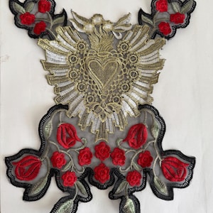 Vintage Extra Jumbo Floral Patch Red Roses Metallic Gold Heart Embroidered Floral Patch Sew on Patch Bloom Soft Applique&#39; Patch Rock n Roll