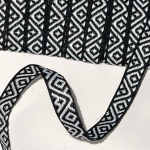 Vintage Geometric, Black White Reversible Abstract, Ethnic Bohemian Woven Jacquard Ribbon Trim, Straps, Belting,