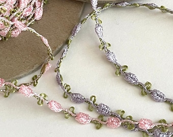 3 YARDS-Vintage Floral RoseBud Classic Chain Novelty Ribbon,  Passementrie, Doll Trim, Pink, Lilac, Dainty Trim  3 Yards