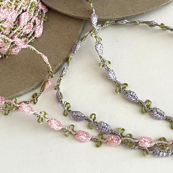 3 YARDS-Vintage Floral RoseBud Classic Chain Novelty Ribbon,  Passementrie, Doll Trim, Pink, Lilac, Dainty Trim  3 Yards