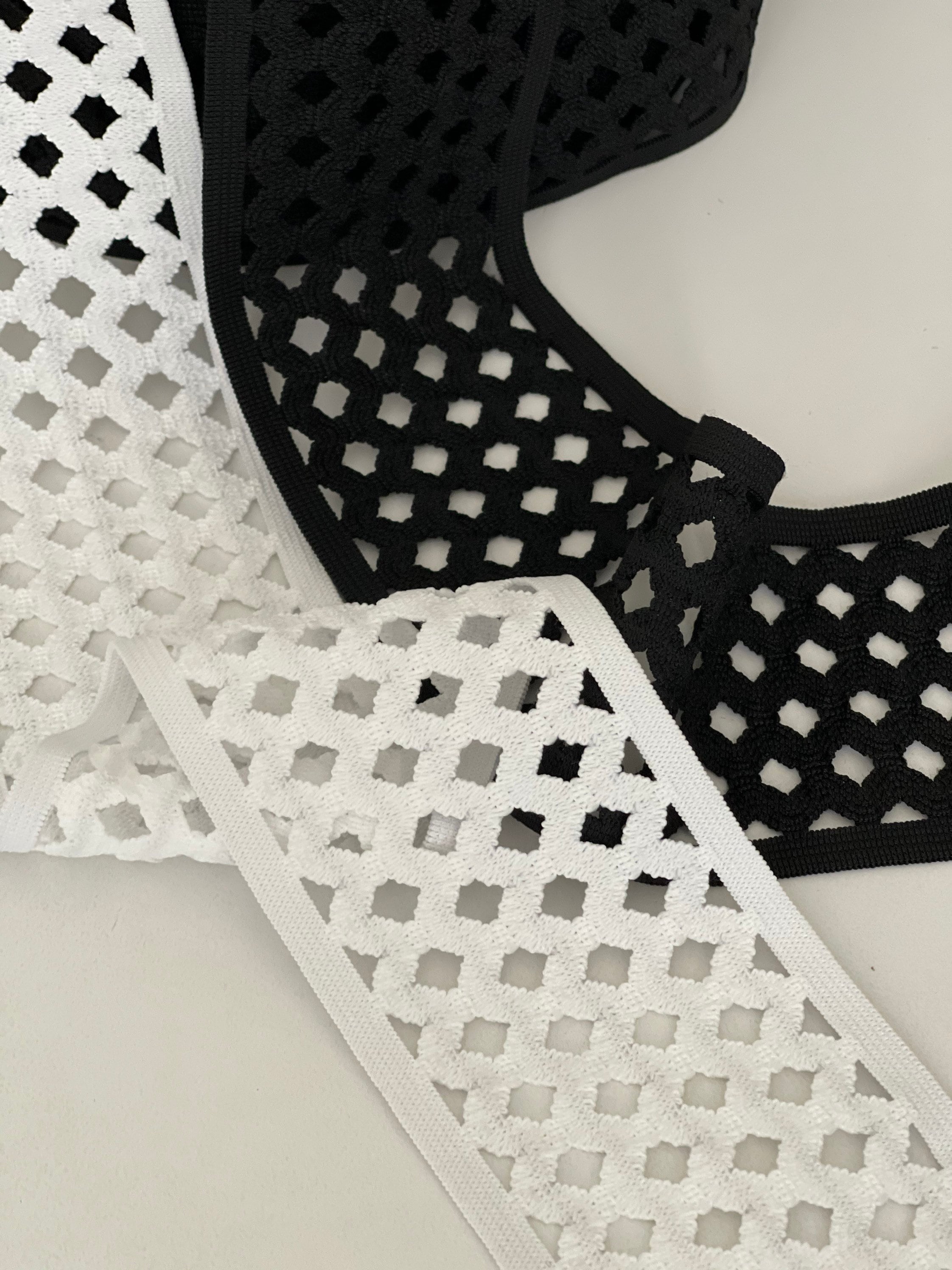 3" Stretch Illusion Geometric Lattice Wide 3”  Elastic Reversible Elastic Wide Trim , White, Black Elastic Stretch  Belting, Bands, Costumes