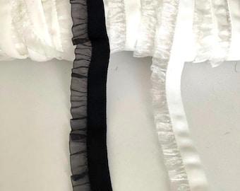 3/4" Stretch Velvet  Ruffle Organza Edge Ribbon, Plush Black or White Beautiful Elastic Finished with Organza Ruffles