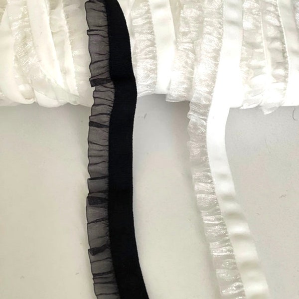 3/4" Stretch Velvet  Ruffle Organza Edge Ribbon, Plush Black or White Beautiful Elastic Finished with Organza Ruffles